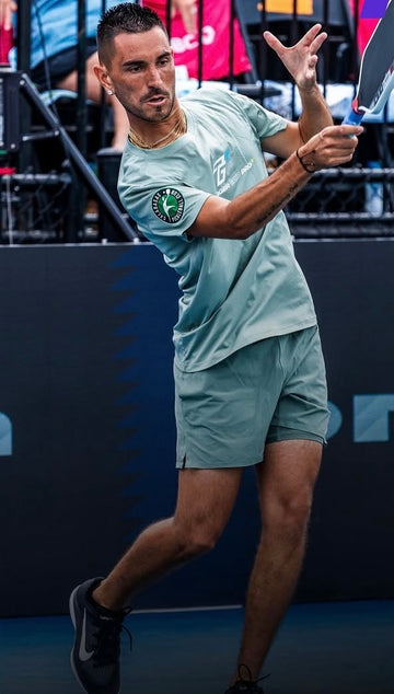 Pro pickleball player Gabe Joseph competing with TriggerGrip Pro, improving paddle control, power, and providing elbow and wrist relief