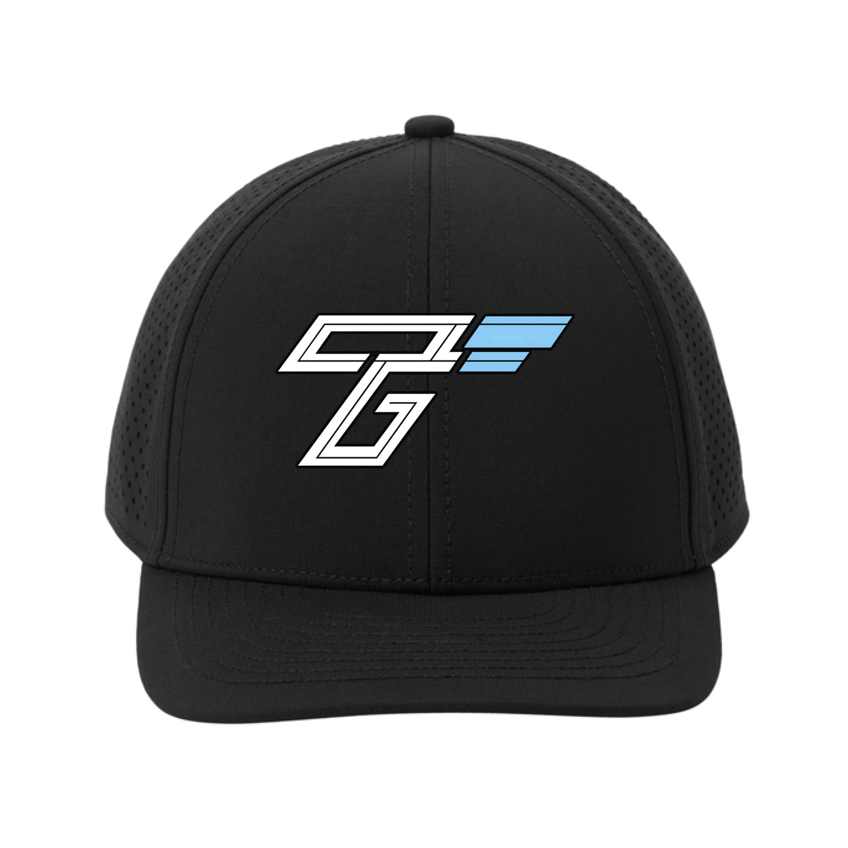TriggerGrip Pro pickleball grip insert brand apparel mockup showing a black performance hat with the TriggerGrip Pro “T” logo on the front