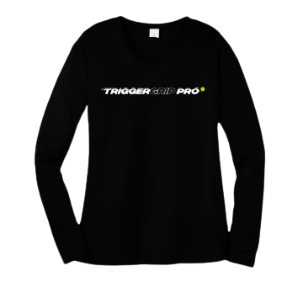 TriggerGrip Pro pickleball grip insert brand apparel mockup of a black long-sleeve shirt with the TriggerGrip Pro wordmark logo across the chest