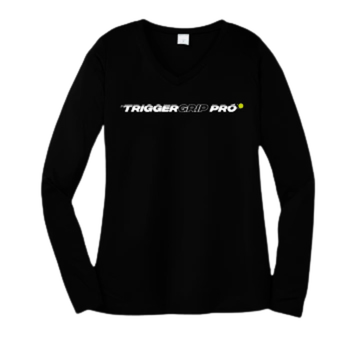 TriggerGrip Pro pickleball grip insert brand apparel mockup of a black long-sleeve shirt with the TriggerGrip Pro wordmark logo across the chest