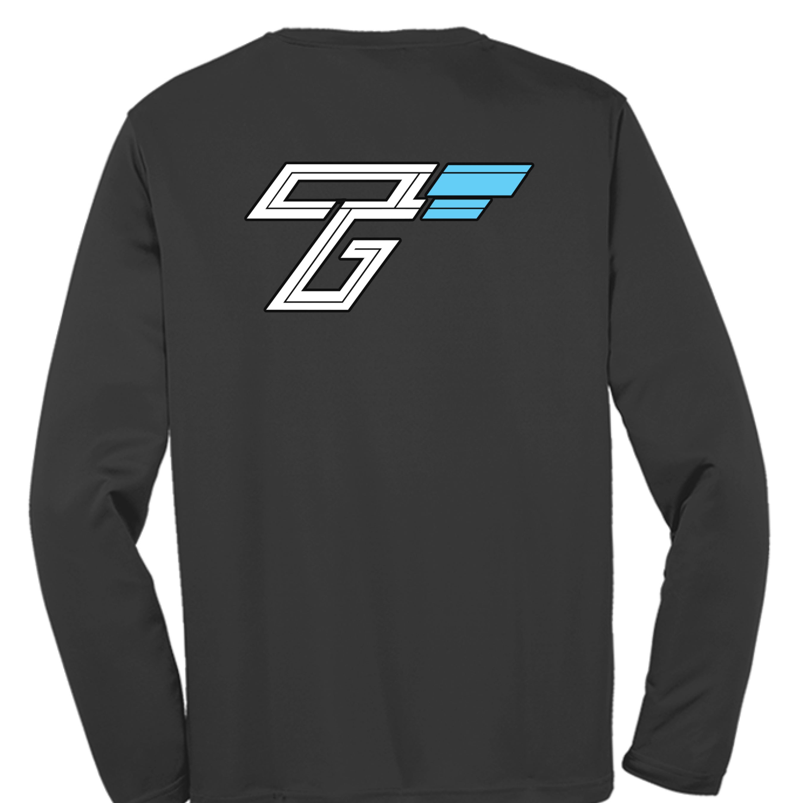 TriggerGrip Pro pickleball grip insert brand apparel mockup showing a black long-sleeve performance shirt with the large TriggerGrip Pro “T” logo on the back