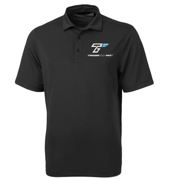 TriggerGrip Pro pickleball grip insert apparel mockup showing front view of a black polo shirt with TriggerGrip Pro logo