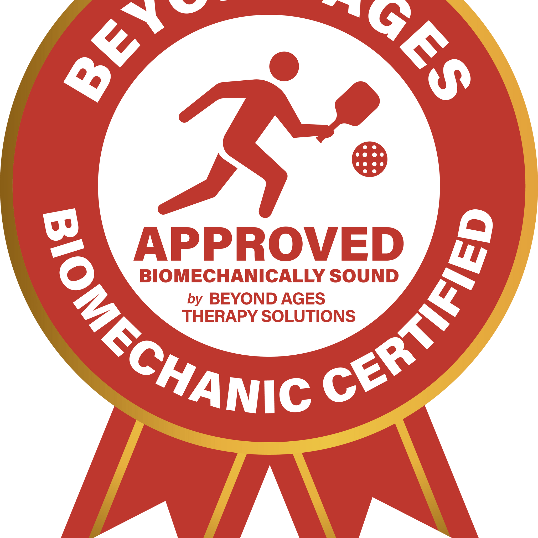 TriggerGrip Pro Beyond Ages Biomechanic Certified badge for approved pickleball grip performance and wrist and elbow relief