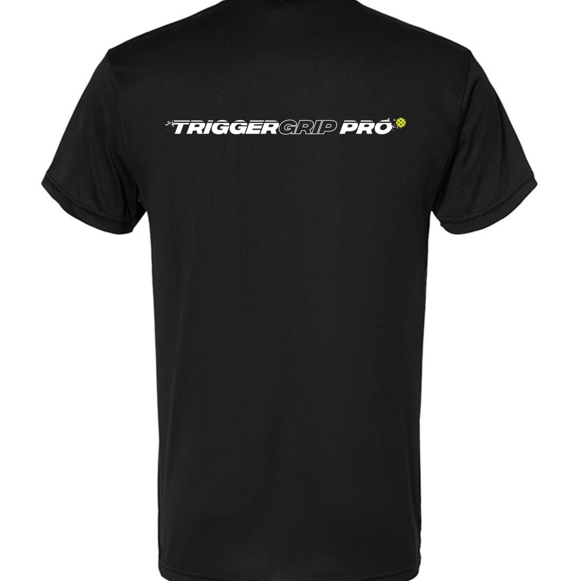 Back view of black TriggerGrip Pro T-shirt with bold TriggerGrip Pro logo across shoulders and pickleball icon detail