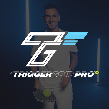 TriggerGrip Pro pickleball brand cover image with logo and player holding paddle, promoting control, power, and elbow and wrist relief